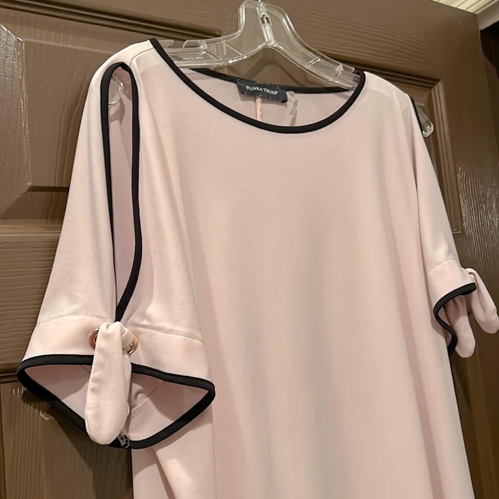 Ivanka Trump cold shoulder blouse light rose pink with black trim